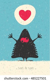 Cute Monster with heart on retro grunge background. Cartoon illustration. 