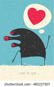 Cute Monster with heart on retro grunge background. Cartoon illustration. 