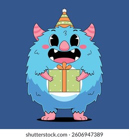Cute monster holding birthday gift and hat