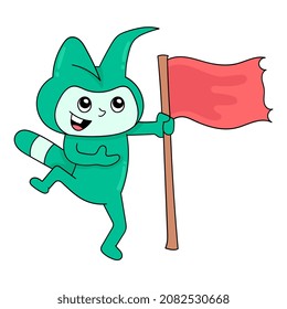 cute monster holding flag blank banner template, vector illustration art. doodle icon image kawaii.