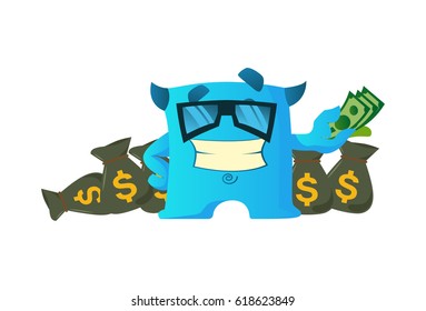 Cute Monster holding money and money bags around him. Vector Illustration. Isolated on white background.