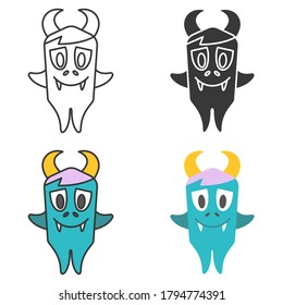 Cute monster with horns in different styles. Set of various icons.