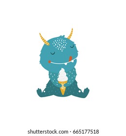 Cute monster with ice cream Vector art kids clip art for design cards, posters, prints