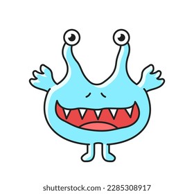 Cute monster icon. Colorful sticker with blue alien creature or smiling kind mutant. Design for Happy Halloween. Scary funny character. Cartoon flat vector illustration isolated on white background