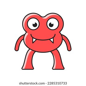 Cute monster icon. Kind smiling mutant with sharp fangs and red body. Fabulos creature or alien in kawaii style. Scary funny character. Cartoon flat vector illustration isolated on white background