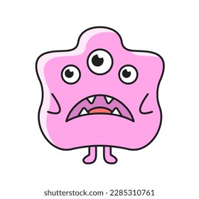 Cute monster icon. Purple surprised mutant. Wavy silhouette of alien creature with sharp teeth and sad expression. Scary funny character. Cartoon flat vector illustration isolated on white background