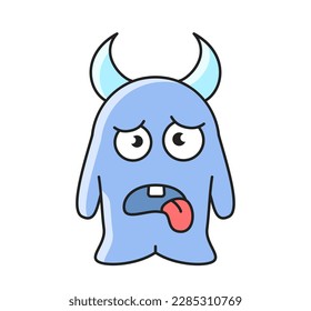 Cute monster icon. Sad blue mutant with protruding tongue and sharp horns. Alien creature in kawaii style. Scary funny character. Cartoon flat vector illustration isolated on white background