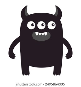 Cute monster icon. Scary face head. Three eyes, fang tooth, horns. Black silhouette. Cartoon boo spooky kawaii funny baby character. Happy Halloween. Flat design. White background. Vector illustration