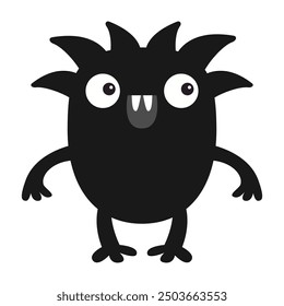 Cute monster icon. Scary face head. Eyes, fang tooth, horns, hair, hands. Black silhouette. Cartoon boo spooky kawaii funny baby character. Happy Halloween. Flat design. White background. Vector