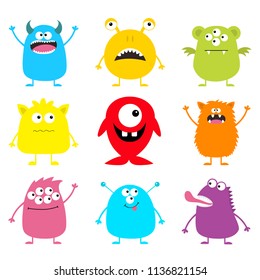 Cute monster icon set. Happy Halloween. Cartoon colorful scary funny character. Eyes, tongue, hands up. Funny baby collection. White background Isolated. Flat design. Vector illustration