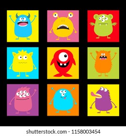 Cute monster icon set. Happy Halloween. Cartoon scary funny character. Eyes, tongue, horns, hands up. Funny baby collection. Colorful black background Isolated. Flat design. Vector illustration