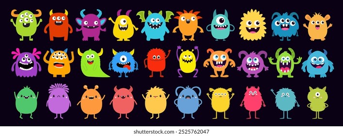 Cute monster icon set. Happy Halloween. Cartoon kawaii colorful scary funny character. Eyes, tongue, hands up. Baby collection. Childish style. Sticker print. Flat design. Black background. Vector