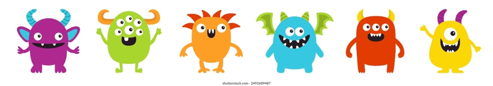 Cute monster icon set line. Happy Halloween. Kawaii cartoon funny baby character. Colorful silhouette. Horns, wings fang teeth eyes. Sticker print. Flat design. Childish style. White background Vector