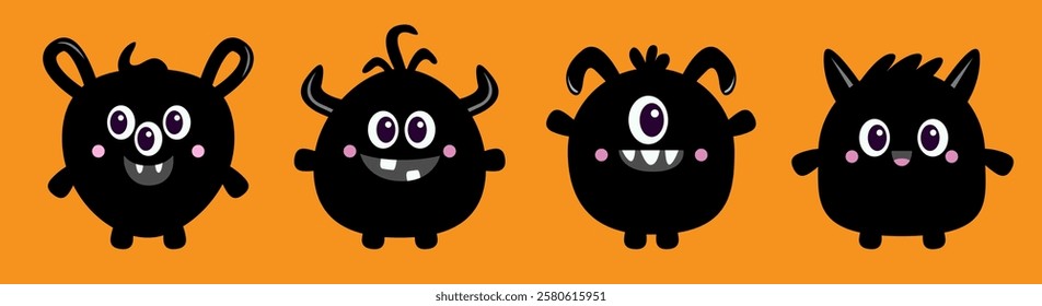 Cute monster icon set line. Happy Halloween. Cartoon kawaii funny baby character. Black silhouette. Horns, fang teeth, eyes. Sticker print. Childish style. Flat design. Orange background. Vector