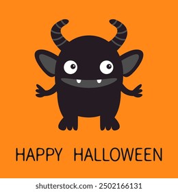 Cute monster icon. Smiling face head. Eyes, fang tooth, horns. Black silhouette. Happy Halloween. Cartoon boo spooky kawaii funny baby character. Flat design. Orange background. Vector illustration