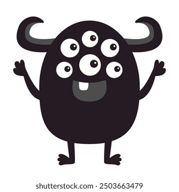 Cute monster icon. Smiling face head. Many eyes, fang tooth, horns. Black silhouette. Cartoon boo spooky kawaii funny baby character. Happy Halloween. Flat design. White background Vector illustration