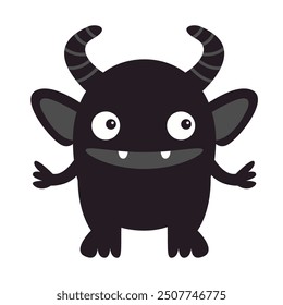 Cute monster icon. Smiling face head. Eyes, fang tooth, horns. Black silhouette. Cartoon boo spooky kawaii funny baby character. Happy Halloween. Flat design. White background. Vector illustration