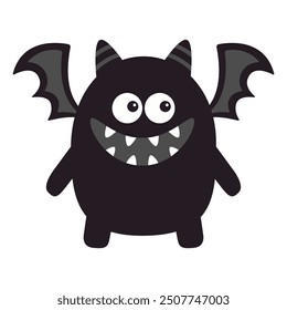 Cute monster icon. Smiling face head. Eyes, wings fang tooth, horns. Black silhouette. Cartoon boo spooky kawaii funny baby character. Happy Halloween. Flat design White background Vector illustration