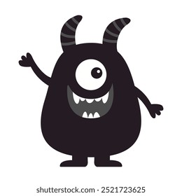 Lindo icono de monstruo. Cabeza de cara sonriente. Un ojo, diente colmillo, cuernos, manos. Silueta negra. Cartoon boo spooky kawaii personaje divertido del bebé. Feliz Halloween. Diseño plano. Vector de fondo blanco