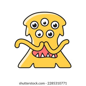 Cute monster icon. Sticker with creepy mutant with tentacles, teeth and spooky eyes. Alien creature. Design for halloween. Scary funny character. Cartoon flat vector illustration isolated on white