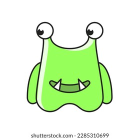 Cute monster icon. Sticker with green smiling alien creature with sharp teeth. Kind little mutant. Scary funny character. Cartoon flat vector illustration isolated on white background