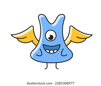 Cute monster icon. Sticker with smiling fairytale creature or mutant with one eye and wing. Kind cyclops in kawaii style. Funny character. Cartoon flat vector illustration isolated on white background