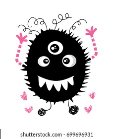 Cute monster illustration with heart shapes / Textile graphic print design