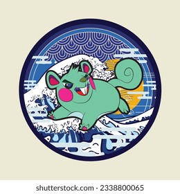 cute monster illustration with japanese style for kaijune event, notebook, logo 