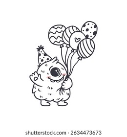 cute monster isolated on white background for coloring pages, magazines. Alien, cartoon character. Monster with cake. Sketch, doodle. Vector illustration
