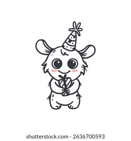 cute monster isolated on white background for coloring pages, magazines. Alien, cartoon character. Monster with cake. Sketch, doodle. Vector illustration
