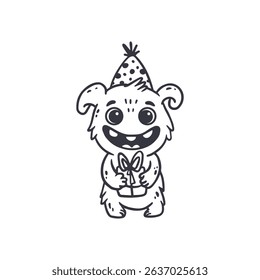 cute monster isolated on white background for coloring pages, magazines. Alien, cartoon character. Monster with present. Sketch, doodle. Vector 