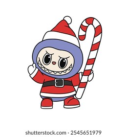 Cute The Monster Of Labubu Christmas Say Hay. Vector Sticker and Keychain