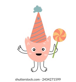 cute monster with lollipop in bitrhday cap. Vector illustration can used for banner, baby birthday background, greeting card, poster for interior. Cute alien or monster with balloon or gift, or cake