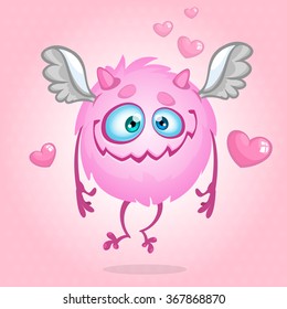Cute monster in love. Illustration for St Valentine's Day. Vector isolated on rose background 