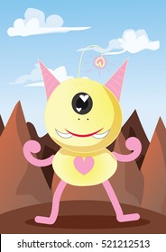 Cute monster of Love with mountain scape