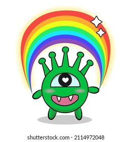 Cute monster in love with a rainbow. Love virus. covid 19 pandemic