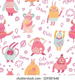 Cute monster. Lovely seamless pattern for children designs. Sweet smiling creatures in warm colors in vector. Awesome childish background 