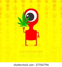 Cute monster with marijuana leaf in hand. Vector illustration