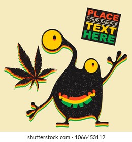 Cute monster with marijuana leaf on grunge yellow background