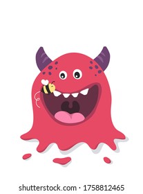 Cute monster mascot and bee. Poster for baby room. Childish print for nursery. Design can be used for fashion t-shirt, greeting card, baby shower. Halloween vector illustration.