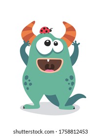 Cute monster mascot and ladybug. Poster for baby room. Childish print for nursery. Design can be used for fashion t-shirt, greeting card, baby shower. Halloween vector illustration.