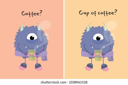 cute monster with a mug of coffee. monster in a scarf. vector illustration