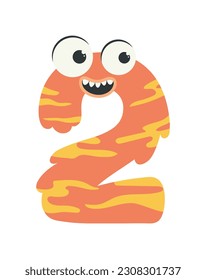 Cute monster number 2 concept. Decorative candle for birthday or Halloween. Fantasy and imagination. Template, layout and mock up. Cartoon flat vector illustration isolated on white background
