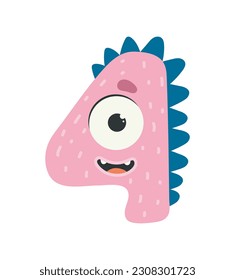 Cute monster number 4 concept. Adorable dino or mutant in four shape. Decorative birthday candle. Poster or banner. Magic and fantasy. Cartoon flat vector illustration isolated on white background