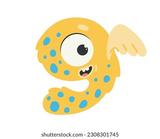 Cute monster number 9 concept. Yellow mutant with eye and wings. Birthday and Halloween. Design element for greeting postcard. Cartoon flat vector illustration isolated on white background