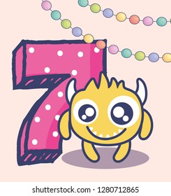 cute monster with number seven birthday card