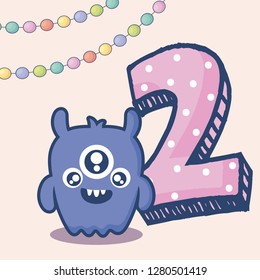 cute monster with number two birthday card