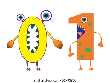 Cute Monster Numbers 0 and 1 For Kids and Children