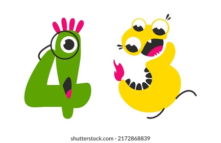 Cute monster numbers. 4, 3 number in shape of funny green and yellow monster cartoon vector illustration