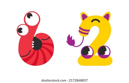 Cute monster numbers. 6, 2 number in shape of funny monster cartoon vector illustration